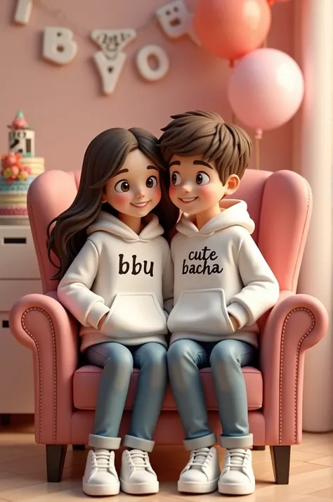 Create a 3D realistic illusion image a 21 year old boy and girl in a white hoodie and sitting comfortably on wings chair.  wearing sneakers and sunglass. the background with Happy Love Anniversary.  Write "Bbu " on the boys clothes and write "Cute Bacha" o...