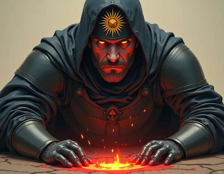 A bald man, a leather cloak in a modern style, iron cuirass with a symbol of the sun under the cloak, A witch hunters hat like in Warhammer fantasy has a symbol of the sun on the hat, bright red burn on the floor of the face, Neutral background without det...