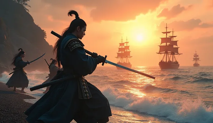  wild samurai carrying huge Japanese swords on their backs train their swordsmanship、On the coast where large groups of black ships can be seen on the ocean 、The morning sun is dazzling、masterpiece,  Hi-Res, Best Quality