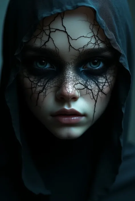 Super macro photography photorealism portrait of a young alien woman face covered with a net of black lightning eyes black deep oppressive atmosphere fear horror, dark light