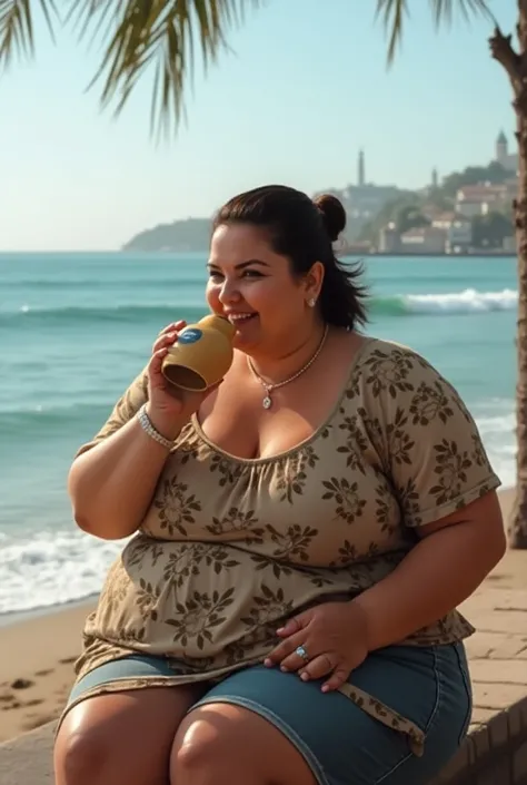  Real and natural image of a typical Uruguayan woman, chubby,  drinking Uruguayan mate on the Rambla. Fondo Rambla and Gorriti Island . 