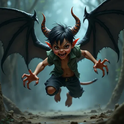 One boy he long nails tiger theeth black wings he is a devil he jumping