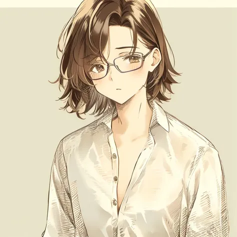 1 tomboy girl, rounded face, blush, disheveled short shaggy dark brown hair, brown eyes, glasses, (dreamy expression:0.8), (masterpiece, best quality:1.1), (sketch:1.1), paper, looking at viewer, upper body , detailed eyes , fully unbuttoned school shirt w...