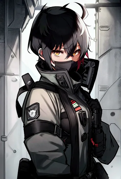 Tactical anime girl,black ghost face mask and aviator glasses,short black pixie cut hair