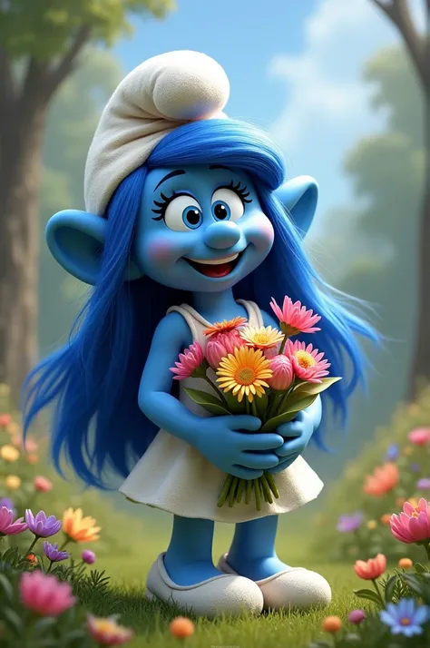 Please create a realistic image of a smurffet with blue hair receiving a bouquet of flowers