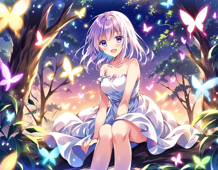 Cecil, score_9, score_8_up, score_7_up,sauce_Anime, 1 girl,Alone, viewers,,smile,:d, open your mouth , Bare Shoulder , white dress,Shiny Dress,Sleeveless, Light Pink Skirt,Raffle,nature, wonderful,lens_Flare,hair fluttering in the wind,hair_flap,from_side,...