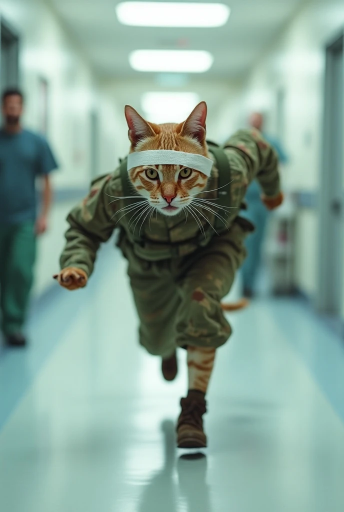 A soldier cat is running down a hospital corridor, still wearing a full camouflage military uniform. The cats head is bandaged, with blood visible, and the setting is a hospital.

