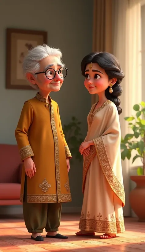 a pakistani old woman wearing full dress and glasses on, standing with a young newly married couple of 30 years age each, the girl wearing bridal dress, having black hair, front view, talking, disney pixar style image
