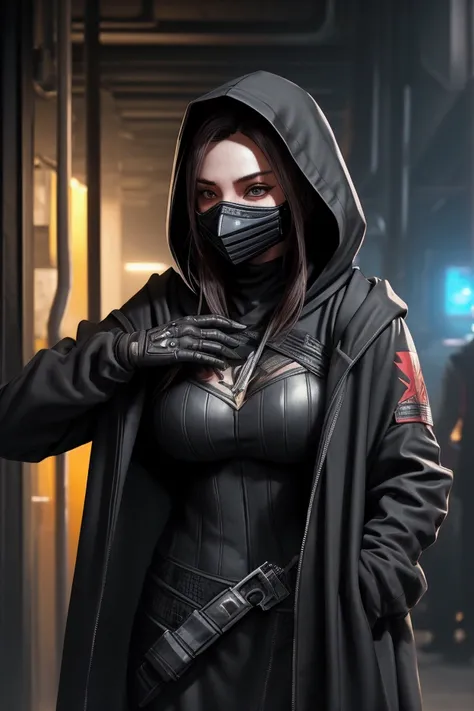  Young woman wearing a dirty cloak and hoodie, Striped and black ,  she wears a mask covering her entire face ,  garment tied under the cloak ,  cyberpunk 2020 style image 