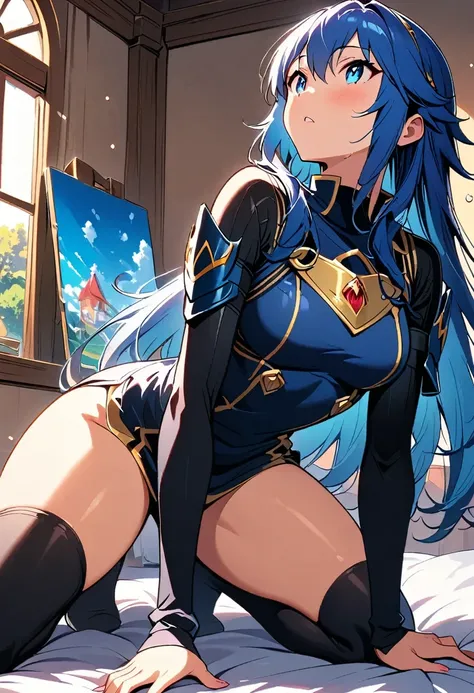 Anime girl with blue hair and black stockings、 sitting on bed , Detailed paintings by Kamagurka,  Focus on your upper body 、（ dynamic pose ：1.4）、Pixiv, What is it?？, , Lucina from Fire Emblem,  ayaka genjin impact ,   anime girl crouching  , Attractive ani...