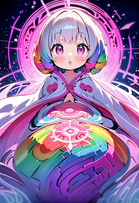 ((masterpiece)), ((best quality)), (ultra-detailed), ((kawaii)), cute, (lovely), ((extremely detailed)), 4K, (8K), best quality, (beautiful),  full body, a female,solo,beautiful, rainbow hair,t ((beautiful eyes)),(pink eye),white-skinned, BREAK She is dres...