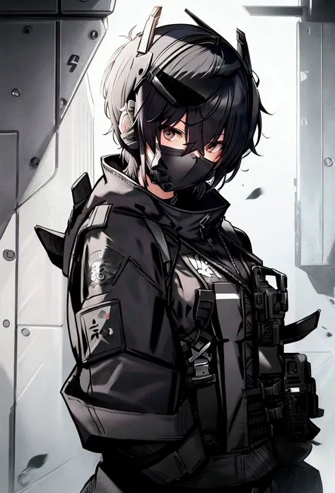 Tactical anime girl,black skull face mask,wearing aviator glasses,short black pixie cut hair