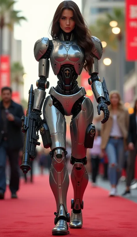 very attractive
robot female humanoid full-length with a beautiful face with numerous bazooka-style weapons instead of a hand, special equipment suspension with laser weapons in the style of skibidi characters on the red carpet on the Hollywood Walk of Fam...