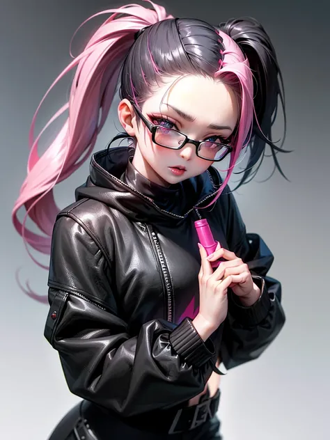 cute girl, She wears bad boy clothes, black clothes, Wide black pullover, Beautiful pink lips, adult girl, Tied hair, Ponytail hairstyle