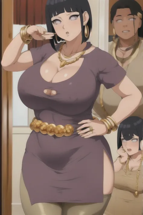 Hinata hyuuga,Big breast,Cleavage,Gold chain necklace,Gold hoopa bracelet,Gold bar earring,Long nail,Puckered lips,Tight pants,Skindentation,Wedding ring,ear visible,SHORT SLEEVE thin dress