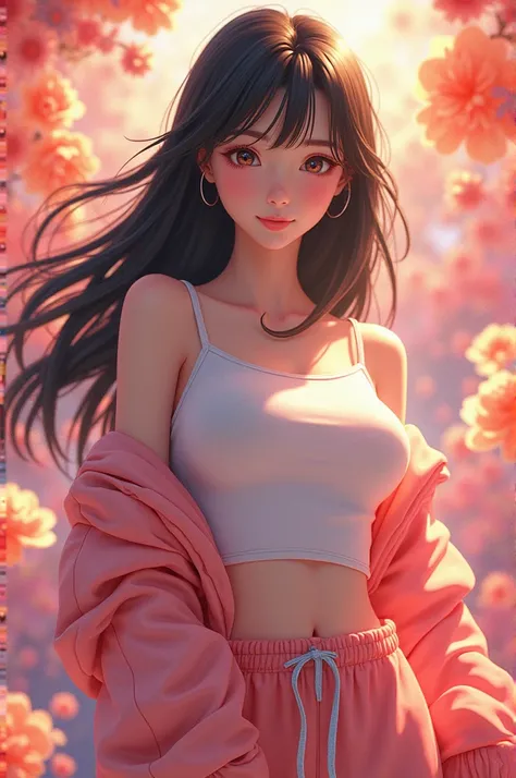  Background fraktal flower color full , Full body  High image quality , 8k, Best Quality,    Details,   Semi-realistic animations , style,   Smooth Anime CG  , full body one girl doing a prank  ,   A 20-year-old Japanese woman  , slim, modeling,shiny black...