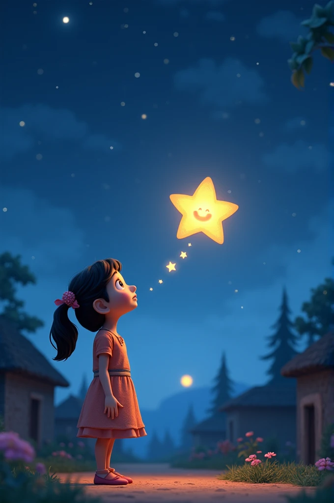 In a 3d cartoon style "A peaceful night in a small village, with a clear starry sky. A young girl named Chhandani, wearing a simple dress, is gazing up at the sky. Her eyes are wide with wonder, as a bright, smiling star seems to speak to her. The stars ar...