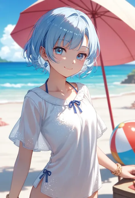 (masterpiece,best quality:1.4),super fine illustration,shiny skin,detailed skin,detailed face,detailed eyes,an extremely cute and beautiful girl, ((cowboy shot)) ,beautiful face,
Very short light blue hair 、Sleepy look、 boyish 、 very short hair 、beach、 bea...