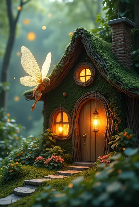 **Scene**: A small, cozy house made from twigs and leaves, with twinkling lanterns hanging from windows. Twinkle, a glowing fairy, is outside decorating, with her wings sparkling in the air.  