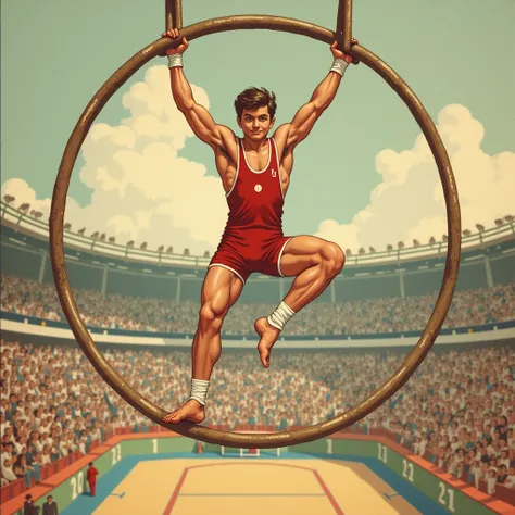 A vintage illustration showing young man performing an iron cross on gymnastic rings like strong gymnast at olympic games. The illustration captures the charm and detail typical of classic old books, with the young man appearing proud . The colors and styl...