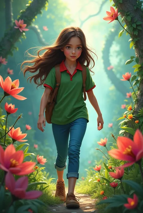 A girl of approximately  , long brown hair, green shirt and red collar with blue pants take an exotic flower and walk through a magical garden with very strong colors 