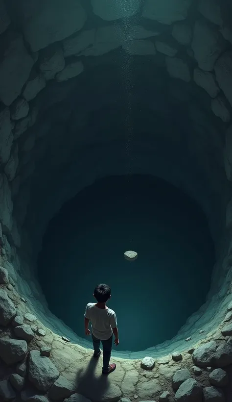 Rahul gathers his courage, stepping back slightly, and picks up a stone. He throws it into the well, watching intently to see what lies beneath. The well remains dark and mysterious, with the sound of the stone echoing in the deep void."