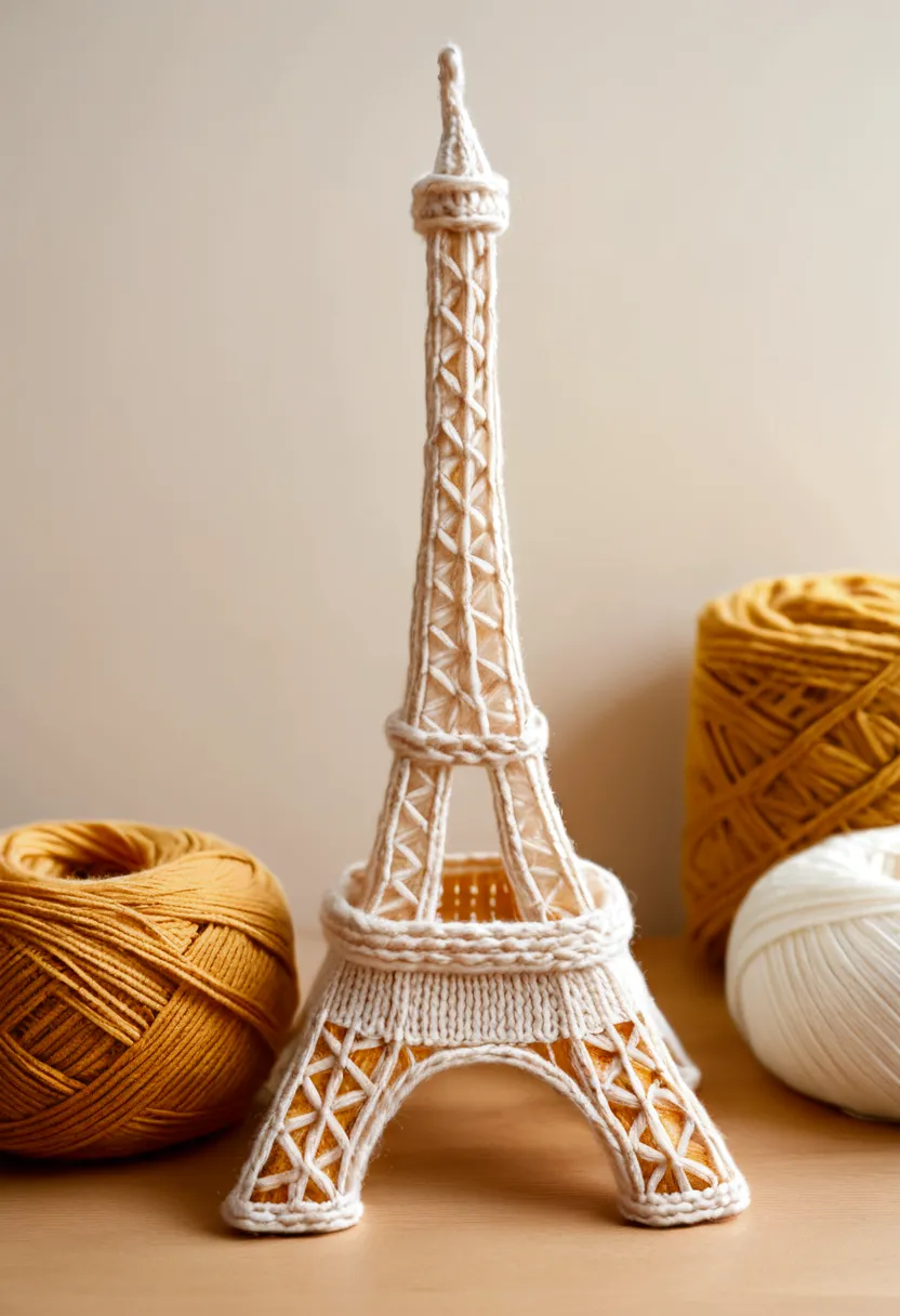 film grain style,eiffel tower made of yarn, knitted style, displayed solo with a simple, clean background. warm color tones crea...