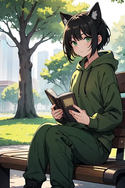 sitting on a park bench reading a book、 black short hair 、Green Eyes、 off-white long sleeve hoodie、dark green long pants 、Brown boots、The simple style of the green headphones 、Cat ears、Neutral high school student 