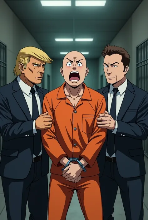 Anime of Donald Trump and Ellon Musk handcuffing and arresting a bald adult wearing orange convicts clothing, And with prison in the background, And the bald guy crying