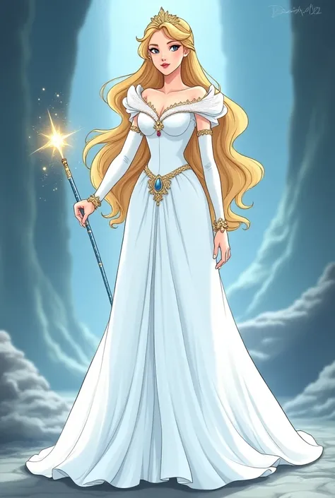 Créer moi une image dans un style dessin manga, de la marraine la bonne fée de cendrillon en robe blanche avec les cheveux long détaché, avec une baguette magique et vu en plein pied 