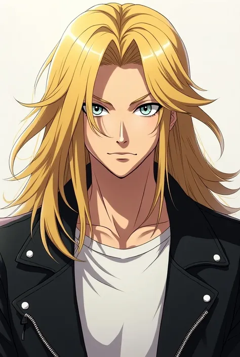 Blonde long hair with no beard or mustache that looks like present mic from mha man that has white shirt with black biker jacket
