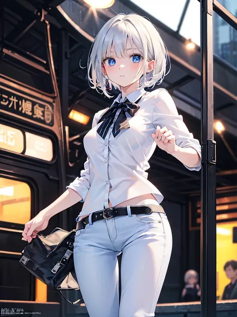  (8K, 4K, Best Quality, High Resolution: 1.2) ,1 girl, megami magazine, white hair, short hair, blue eyes ,A highly detailed, complex, hyperdetailed, vibrant digital art portrait of a petite young girl with white hair, wearing a black shirt and jeans, runn...