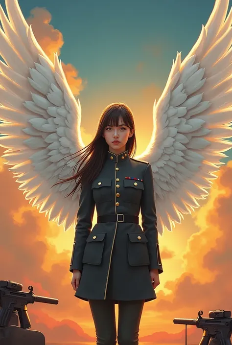  oil painting , paint strokes,  clear traced contours , young woman , straight brown hair,  stands straight , looks into the lens,  in military uniform, in a ,   background with a machine gun and beautiful huge white wings, beautiful sunset in the sky , cl...