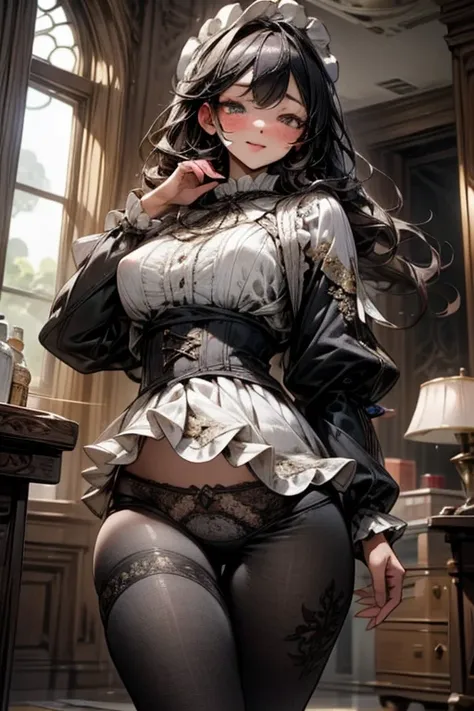 8k、Best Quality 、Maximum clarity 、 very detailed、Beautiful art、 very detailed、Maternal、 erotic face looking up at me、Transparent skin 、Skin-tight underwear、 very big breasts、(((In underwear)))、(((  Lace Panties with Luxurious Ruffles and Delicate Embroider...