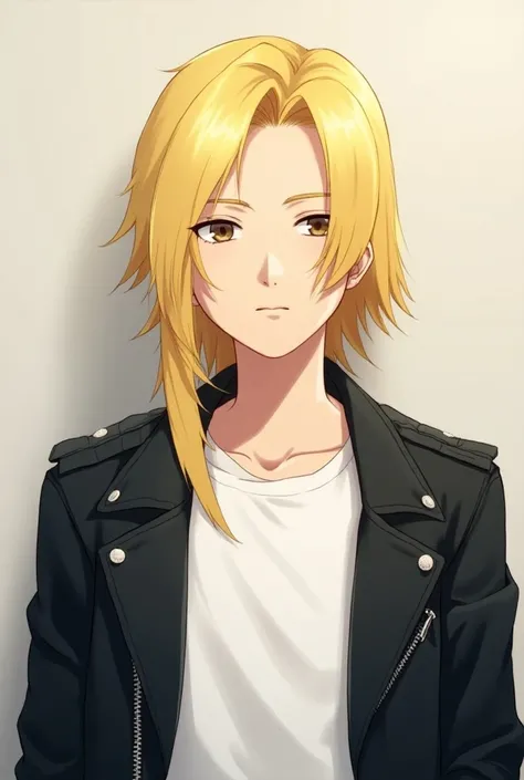 Blonde long straight hair with no beard or mustache that looks like present mic from mha man that has white shirt with black biker jacket
