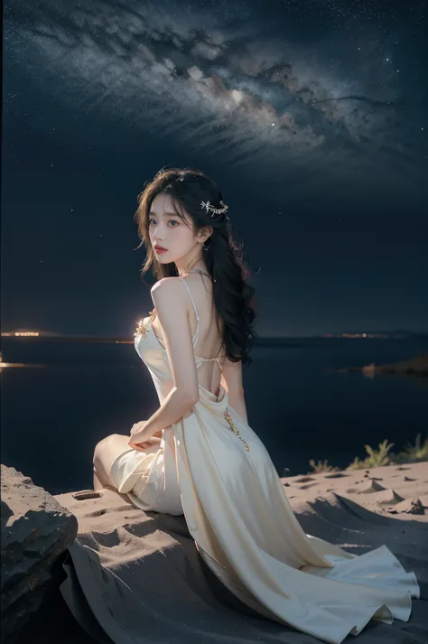 a beautiful girl, gorgeous dress,sitting,on the moon,detailed background of the moon,moon goddess,beautiful celestial mage,the b...