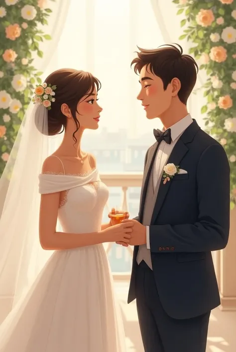 Create a realistic illustration of a medium two-shot, angled view of two people talking at a wedding. The woman, positioned on the left, is speaking to the man, who stands on the right and is looking at her attentively. Both are dressed in formal wedding a...