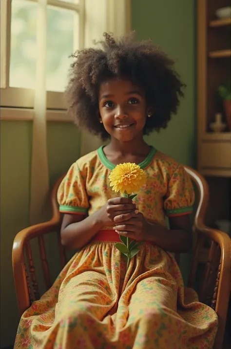 "A 1970s Ethiopian girl sitting on a chair, dressed in a vintage style typical of the era. She is wearing a flowery skirt and holding a flower in her hand, embodying the fashion and cultural vibe of the 1970s. The atmosphere is peaceful, with soft lighting...