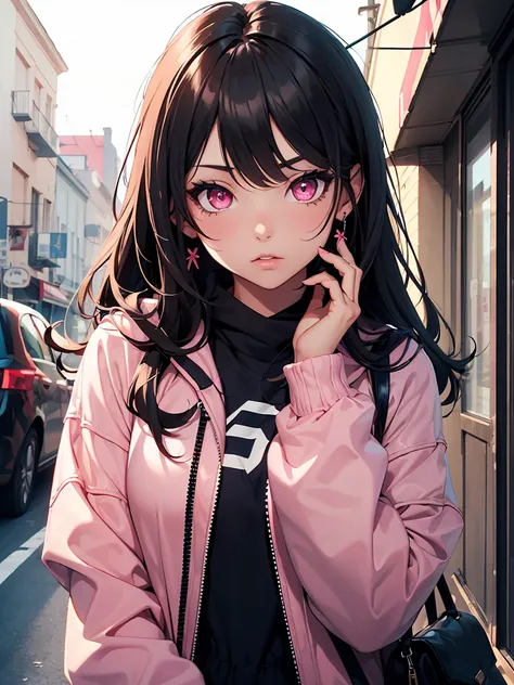 ((1 girl)), Sit down with Pétain, sick, Red eyes, Red cheeks, Dark My Room, latest trend clothes, Large blue neon hoodie, Street fashion,(cowboy shot) ,((Super detailed,highest quality, High resolution, 8k wallpaper, beautiful clothes,)),((black hair, long...