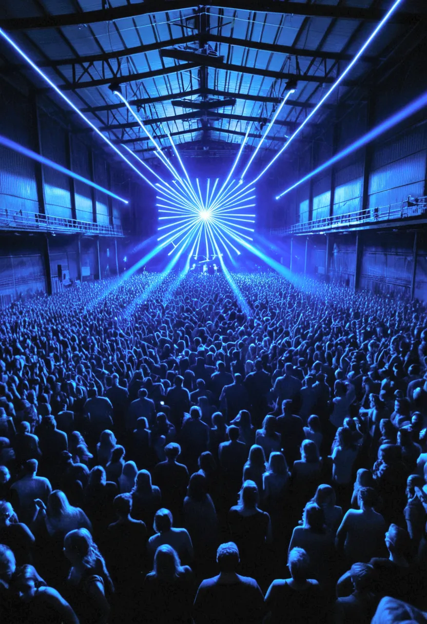 film grain style,a photograph of the interior of an industrial warehouse rave, with blue lasers and white lights shining down on...