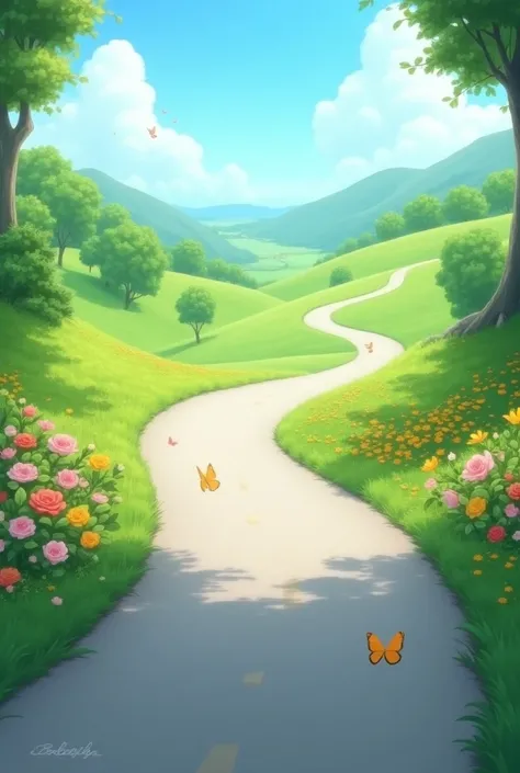 Disney, wide grey road ,  with green landscape outside 