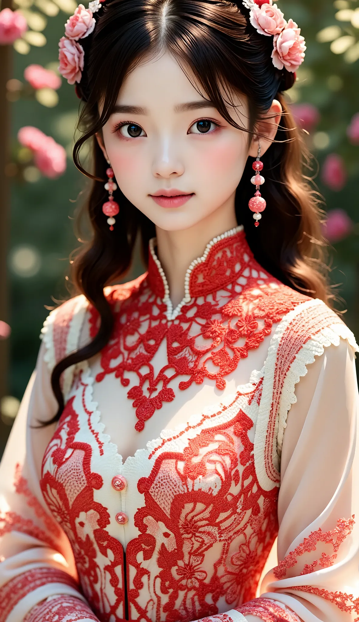  whole body, (masterpiece), Best Quality,  Hi-Res, 4K, 8k, Detail view,  intricate detail ,  Movie Lighting, High image quality, 1 person、Elegant red and white lace style dress、A dress made of intricate and artistic red and white lace、Beautiful dress、Super...