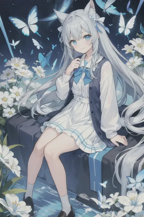 Gray hair、Very long hair · side tail on the right side · eyes of a different color 、Left eye is light blue、The right eye is gray, small breasts, white blouse, large collar, light blue cardigan, light blue ribbon on the sleeve of the cardigan, light gray ru...