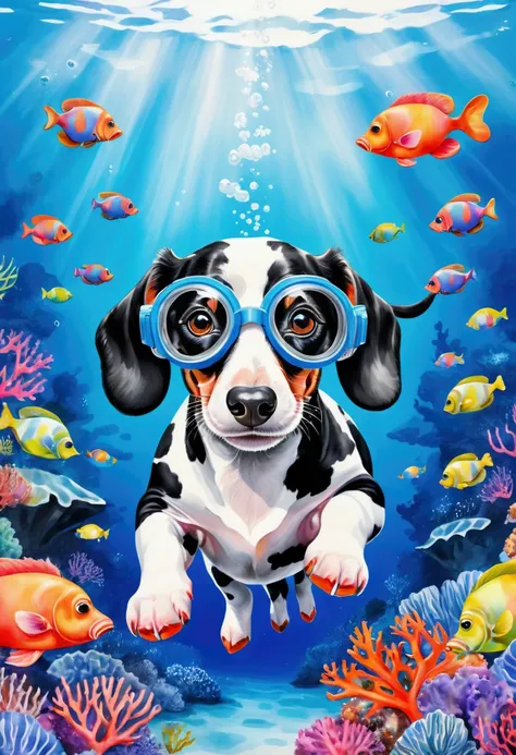 a black and white cow swimming underwater wearing goggles, surrounded by colorful coral reefs. illustration in the style of a wa...