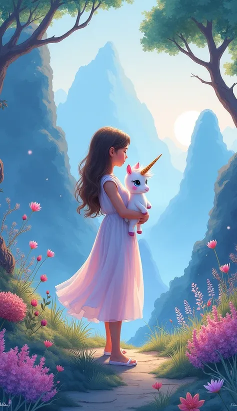 Watercolor Style:
"A watercolor painting of a girl in a gentle, flowing dress holding a small unicorn with a pearlescent coat, standing in an Avatar-inspired forest filled with pastel bioluminescent plants and floating mountains.