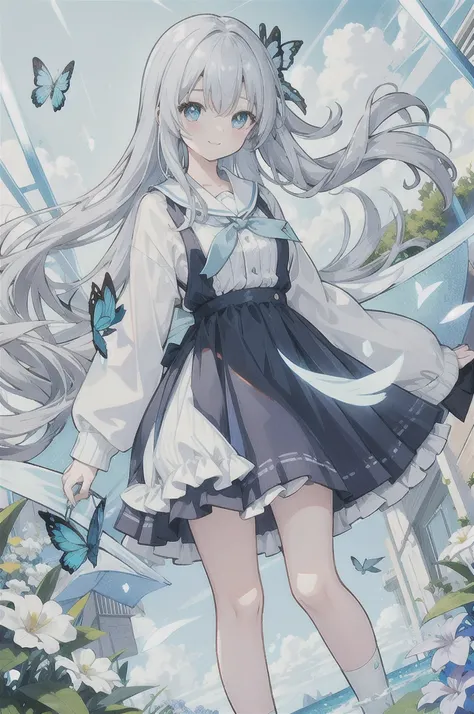 Gray hair、Very long hair · side tail on the right side · eyes of a different color 、Left eye is light blue、The right eye is gray, small breasts, white blouse, large collar, light blue cardigan, light blue ribbon on the sleeve of the cardigan, light gray ru...