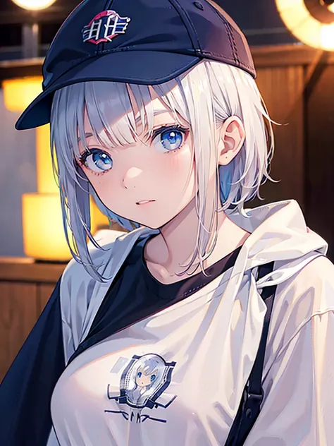  (8K, 4K, Best Quality, High Resolution: 1.2) ,1 girl, megami magazine, white hair, short hair, blue eyes ,a beautiful young african american girl, solo, medium skin tone, baseball cap, t-shirt, mischievous expression, detailed facial features, (best quali...