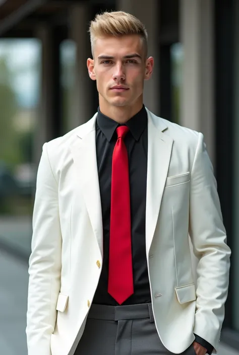 20yo italian-australian male, blonde crew cut hair, brown eyes,white blazer, black button down shirt, red tie 