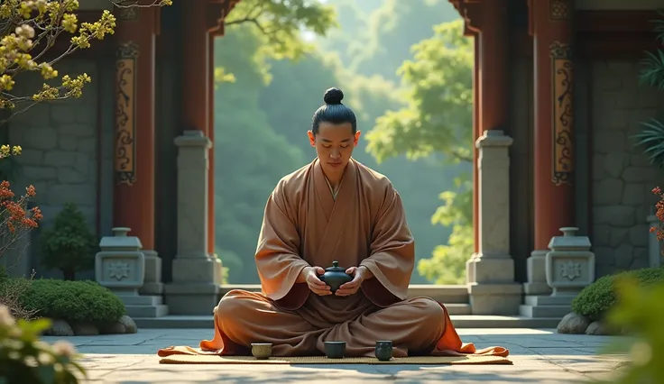 "Zen master performing a tea ceremony in front of a stone temple gate, surrounded by lush greenery and delicate flowers, ultra-detailed"
