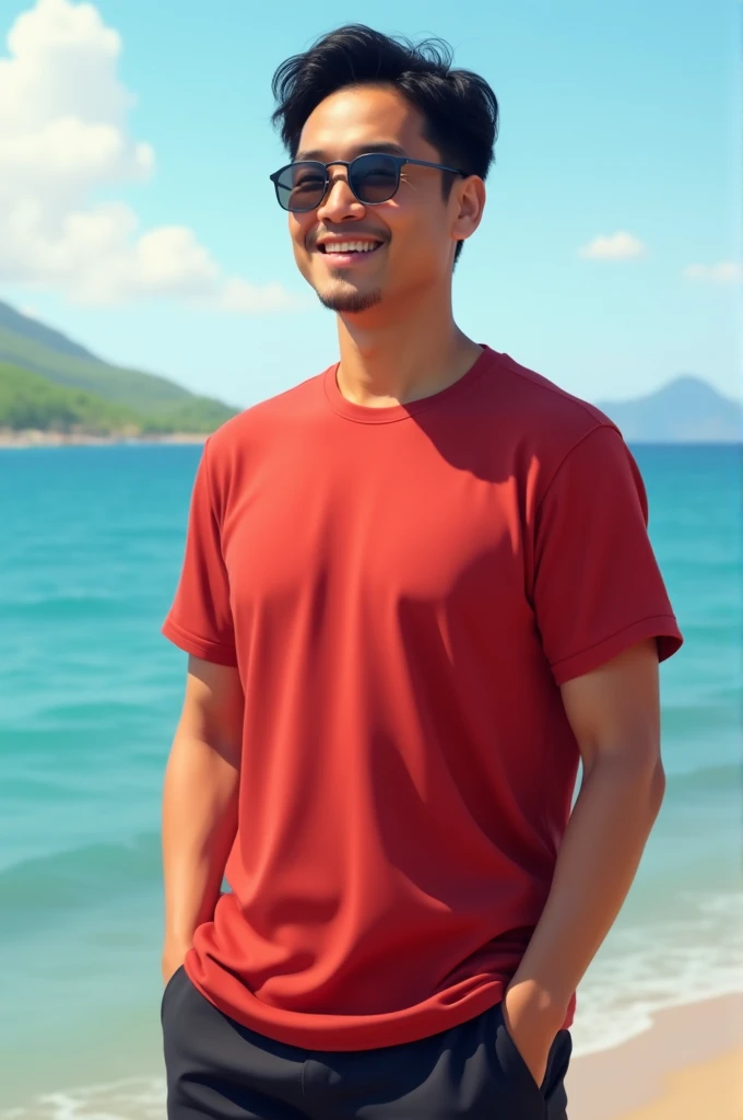 man asian. Hai shorts black, shirt red short. View sea. 32 year old  . wear sunglasses